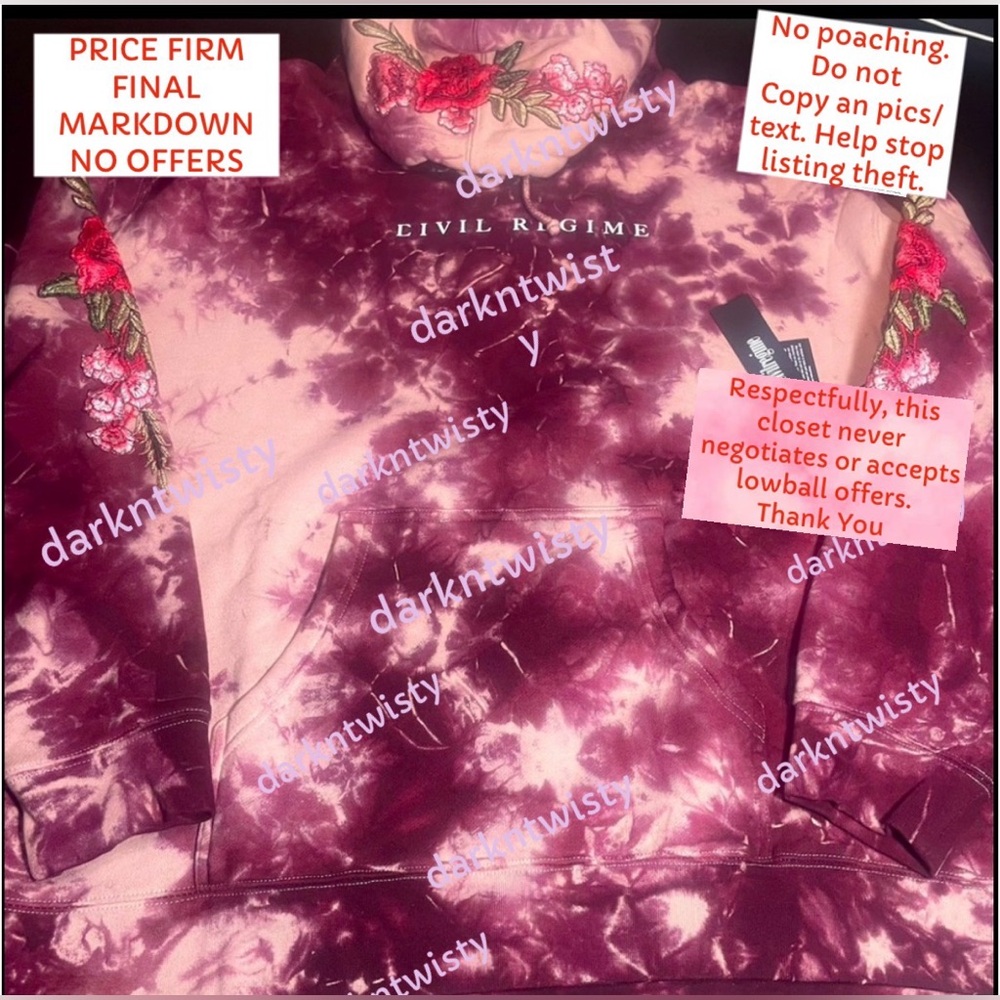 BNWT CIVIL REGIME CRANBERRY MARBLE WASH LARGE MENS UNISEX TIE DYE HOODIE